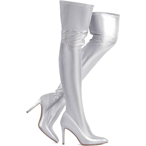 Women Silver Polyurethane Over The Knee High Stretchy Leather Thigh High Boots